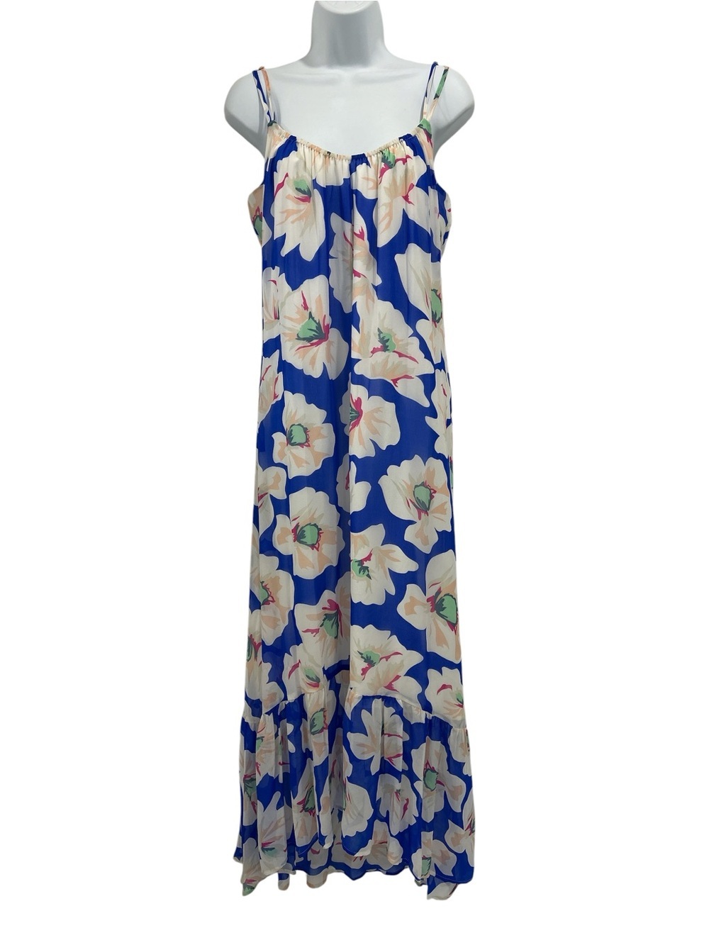 Tori Richard 100% Silk Hibiscus Floral Print Strappy Ruffle Hem Maxi Dress - 6